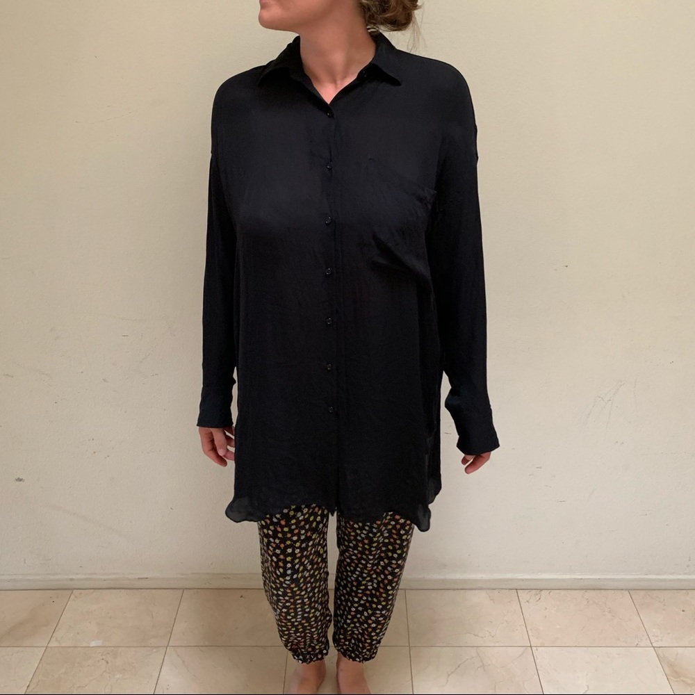 Zara Black Silk Button Up oversized shirt/tunic